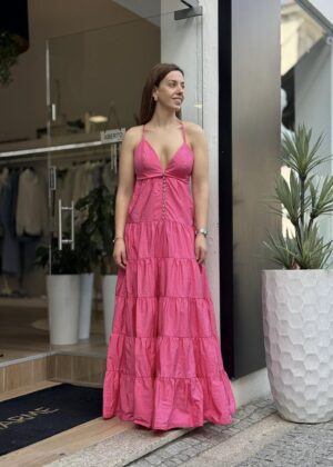 VESTIDO COMPRIDO COM BOTÕES EM BRILHANTE